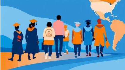 Ilustración de gente caminando hacia lo lejano